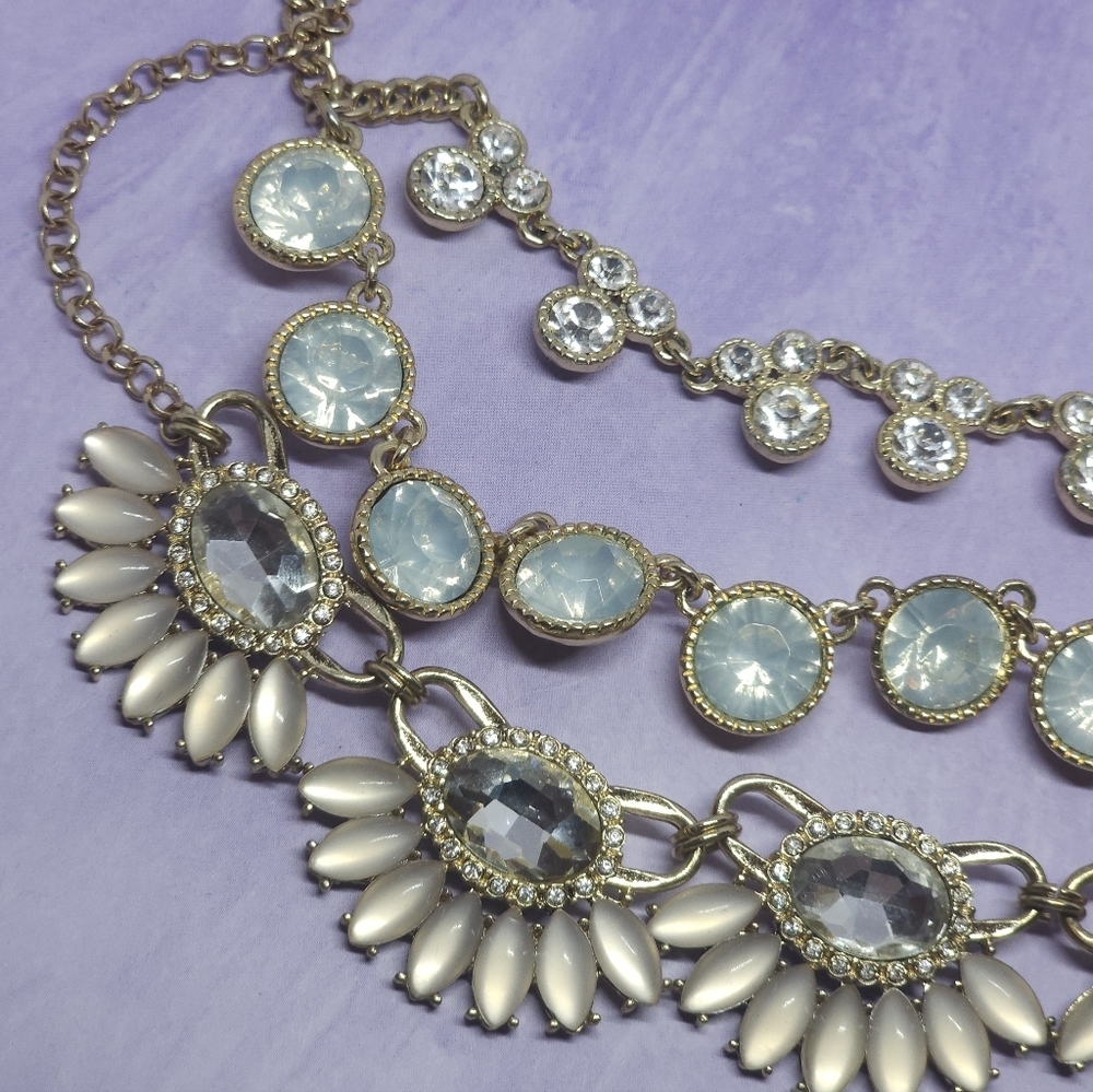 Layered Rhinestone Triple Chain Statement Necklace Gold Tone - Picture 5 of 8